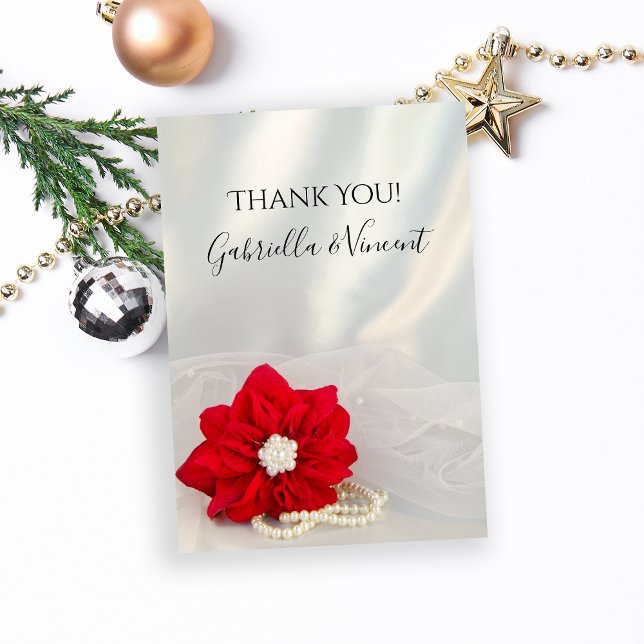 Carte De Remerciements Red Poinsettia and Pearls Winter Wedding Thank You (Show your appreciation after your December wedding with the Red Poinsettia and Pearls Thank You Note)