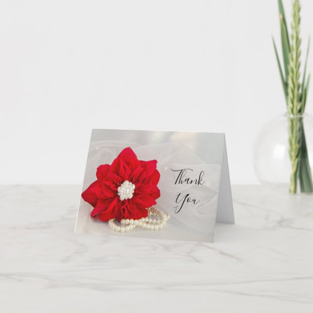 Carte De Remerciements Red Poinsettia and Pearls Winter Wedding Thank You (Devant)