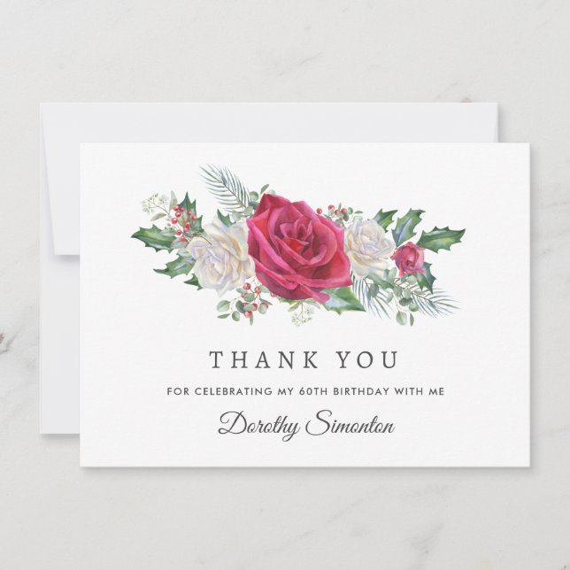 Carte De Remerciements Red Rose Holly Hiver 60e Anniversaire Appartement (Devant)