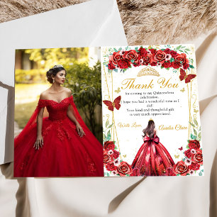 Carte De Remerciements Red Roses Floral Princess Quinceañera Photo