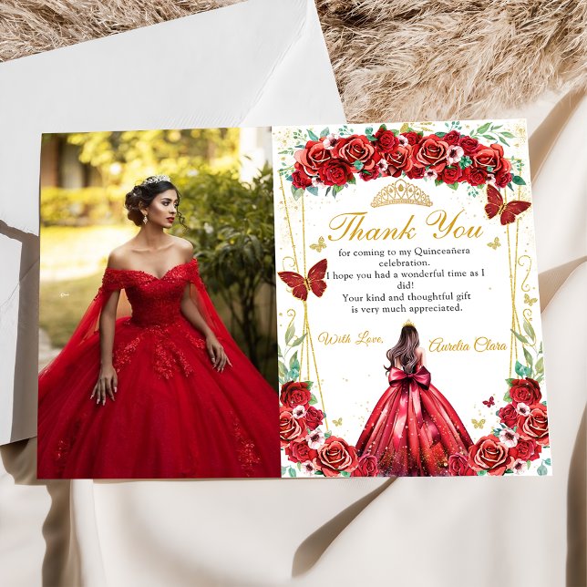 Carte De Remerciements Red Roses Floral Princess Quinceañera Photo (Créateur téléchargé)
