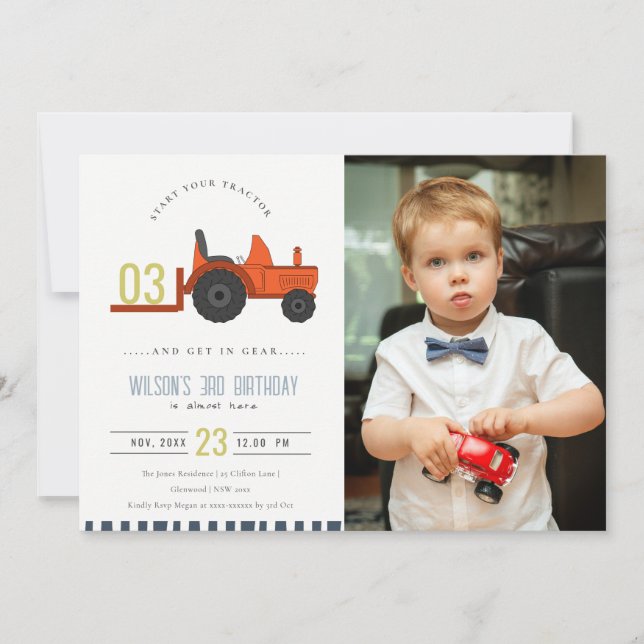 Carte De Remerciements Red Rust Farm Tractor Enfants Photo Anniversaire I (Devant)