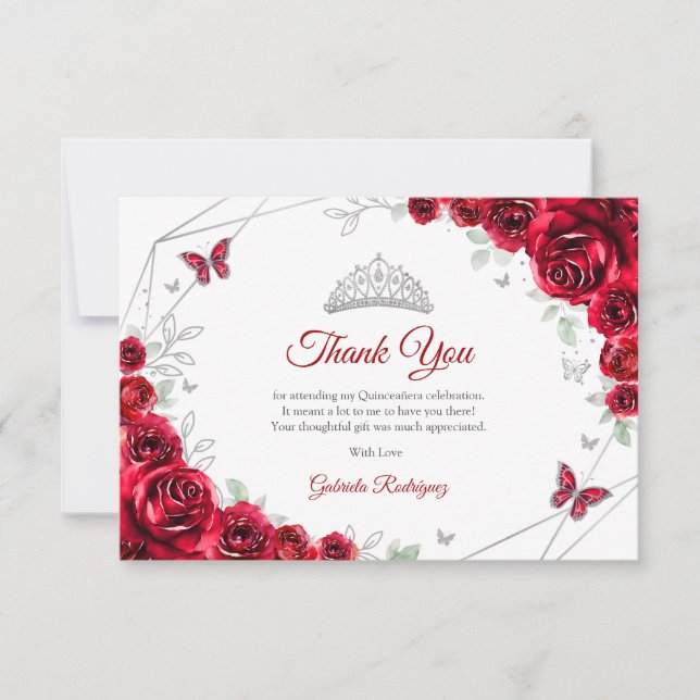 Carte De Remerciements Red Silver Floral Quinceanera (Devant)