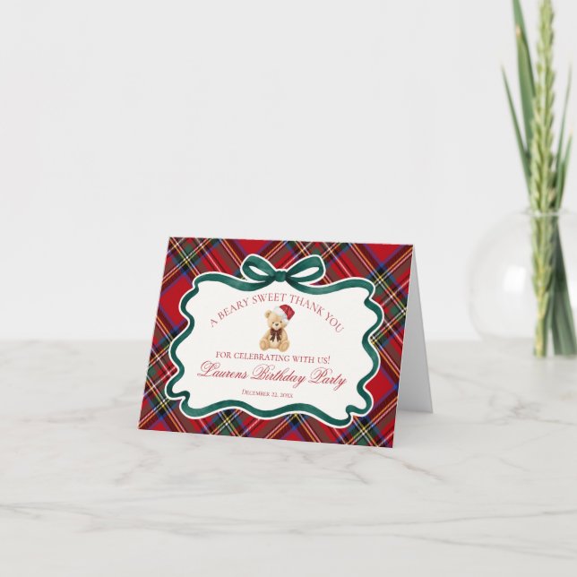 Carte De Remerciements Red TartanPlaid Christmas Bear Birthday Thank You  (Devant)