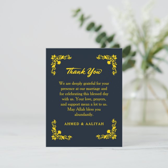 Carte De Remerciements Regal Contrast Midnight Blue & Gold Floral Wedding (Debout devant)
