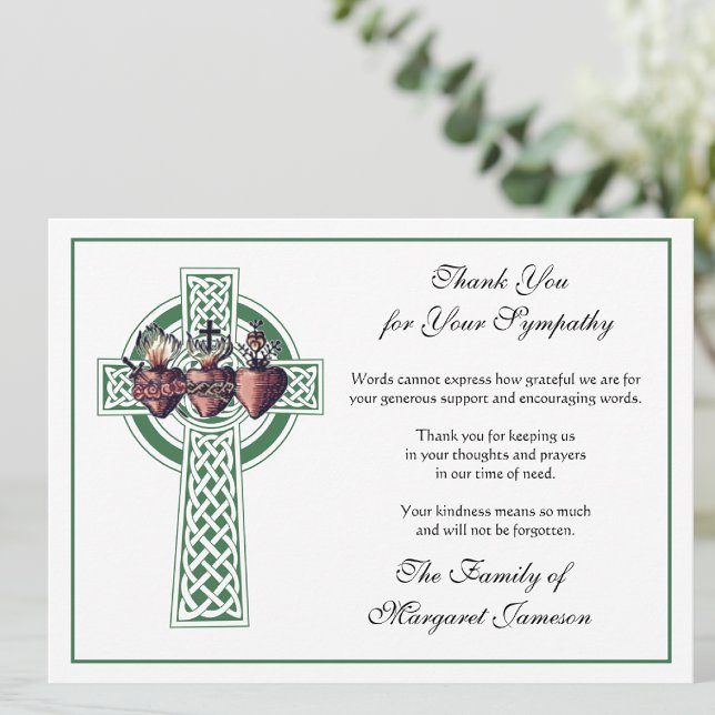 Carte De Remerciements Religieux catholique irlandais Croix celtique Cond (Irish Celtic Cross with the Three Hearts of Jesus, Mary, and Joseph Funeral Thank You Cards
)