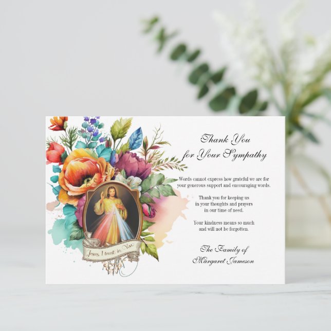 Carte De Remerciements Religieux Floral Jésus Divin Miséricorde Condolenc (Debout devant)