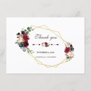 Carte De Remerciements Remerciement cadre or floral bleu marine Merlot