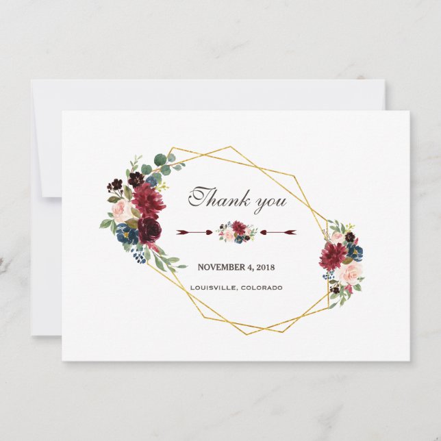 Carte De Remerciements Remerciement cadre or floral bleu marine Merlot (Devant)