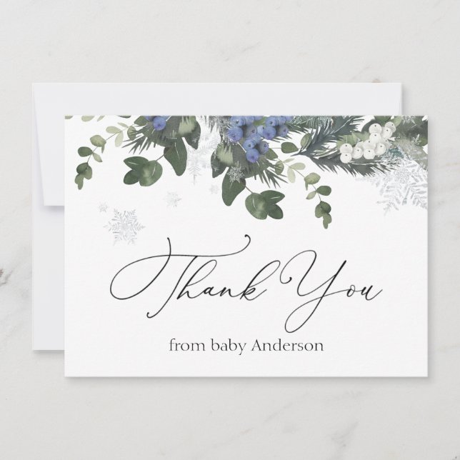Carte De Remerciements Remerciement de Baby Shower Bleu Evergreen Hiver (Devant)