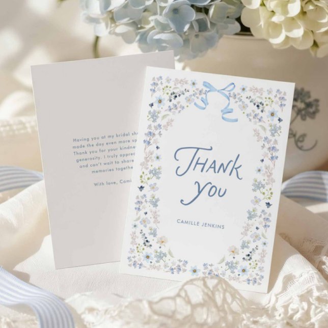Carte De Remerciements Remerciement de Baby Shower Bleu Floral et Ruban  (Blue Floral Bridal Shower Thank you Card with message)