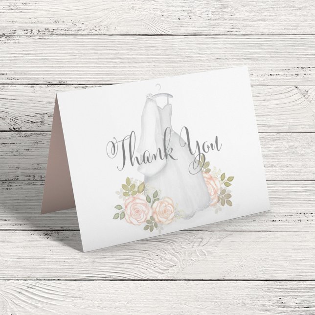 Carte De Remerciements Remerciement de Fête de Mariage à l'Aquarelle Rose (Elegant thank you card with stylish calligraphy script and classic wedding gown. )