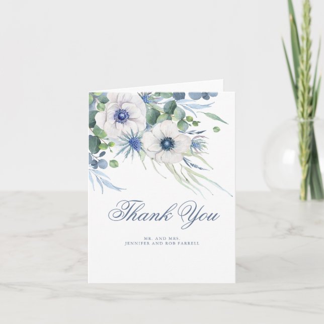 Carte De Remerciements Remerciement de mariage à la verdure florale bleu  (Devant)
