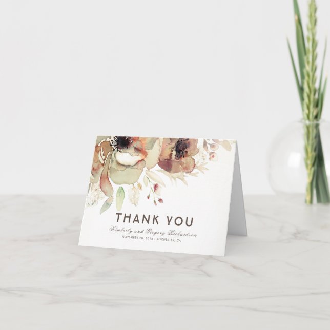 Carte De Remerciements Remerciement de mariage à l'aquarelle fleurie vint (Devant)