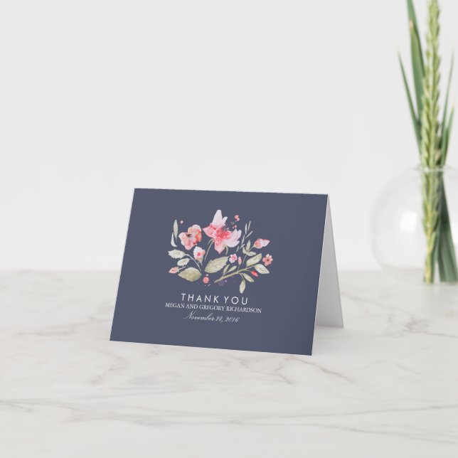 Carte De Remerciements Remerciement de mariage à l'aquarelle florale Navy (Devant)