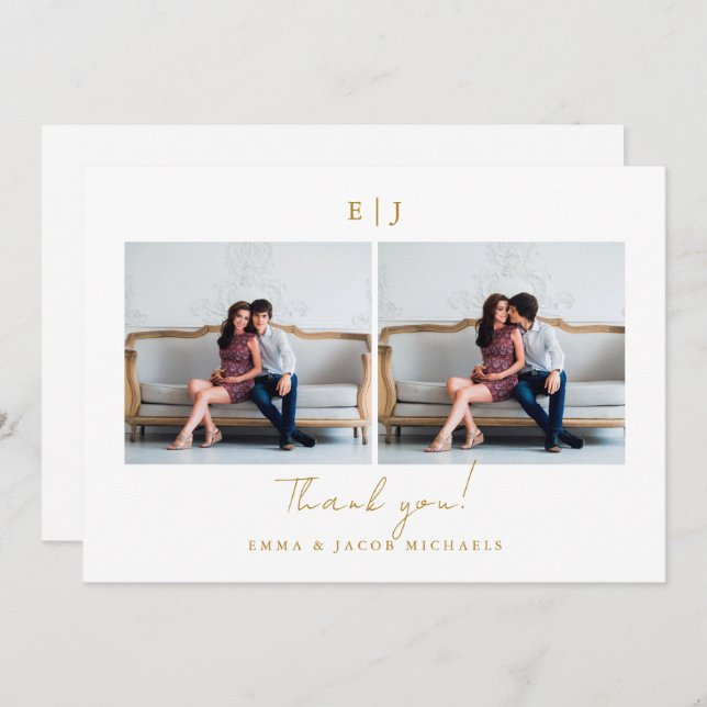 Carte De Remerciements Remerciement de mariage à photo de monogramme or (Devant / Derrière)
