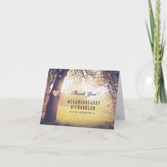 Carte De Remerciements Remerciement de mariage Arbre rustique et cœur en  (Devant)