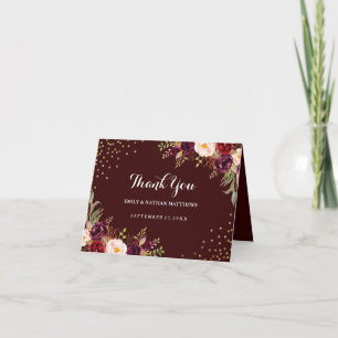 Carte De Remerciements Remerciement de mariage floral confetti or Bourgog