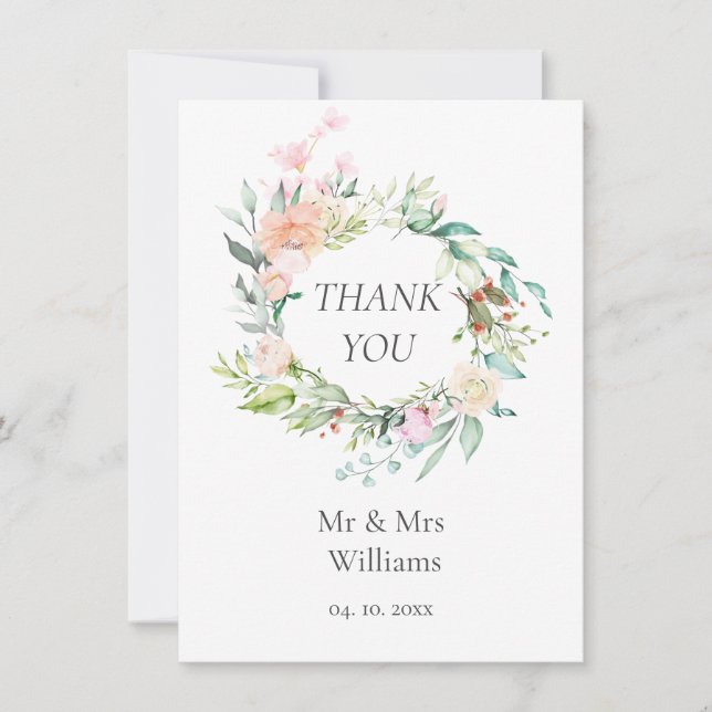 Carte De Remerciements Remerciement de mariage floral de verdure à l'aqua (Devant)