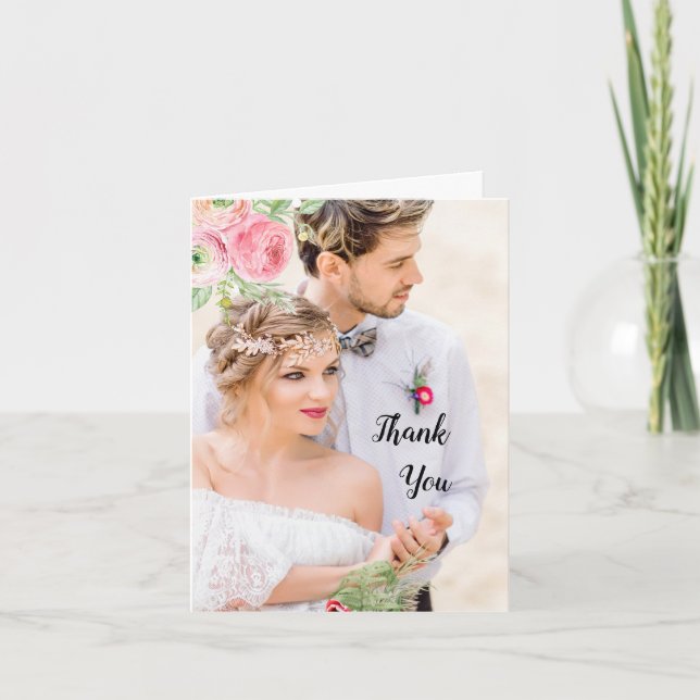 Carte De Remerciements Remerciement de mariage photo floral vert et pêche (Devant)