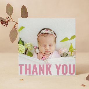 Carte De Remerciements Remerciement de photo de bébé au script rose moder
