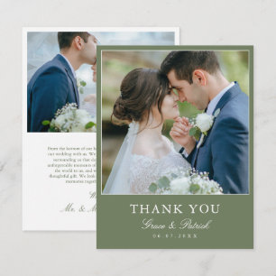Carte De Remerciements Remerciement de photo de mariage élégant vert saug