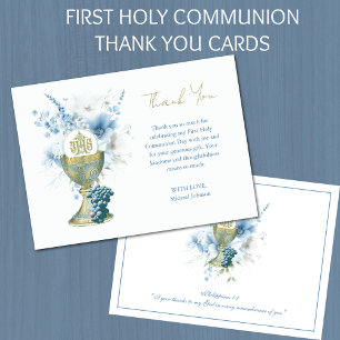 Carte De Remerciements Remerciement de première communion florale bleu ca