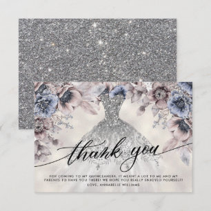 Carte De Remerciements Remerciement de Quinceañera Floral Pailleté Argent