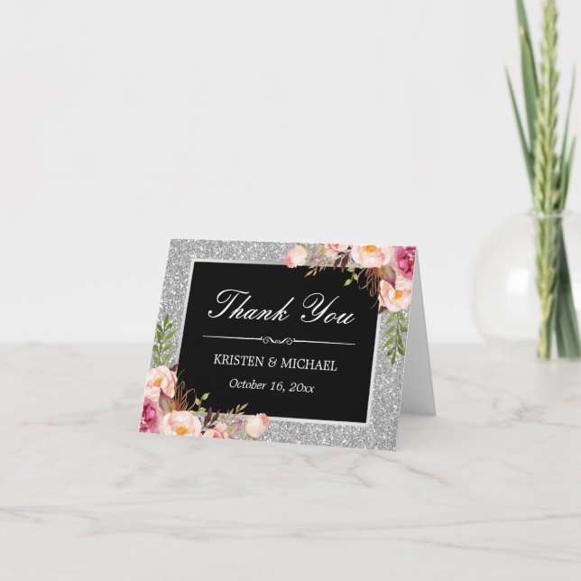 Carte De Remerciements Remerciement Décor Floral Paillettes Pailletées Ar (Devant)