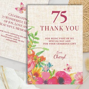 Carte De Remerciements Remerciement en lin Bold Floral pour 75e anniversa