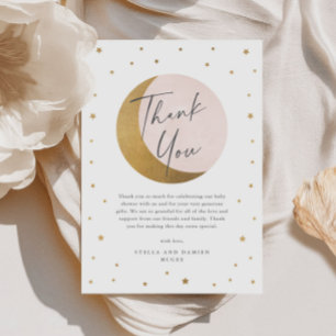 Carte De Remerciements Remerciement Fête de Bébé Rose Lune et Étoiles en