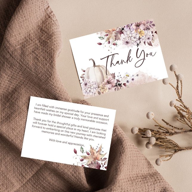 Carte De Remerciements Remerciement mariage bohème avec citrouille pour f (Fall in love boho pumpkin autumn themed bridal shower thank you card watercolor pastel dahlia )