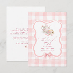 Carte De Remerciements Remerciement mignon à gingham rose thème thé
