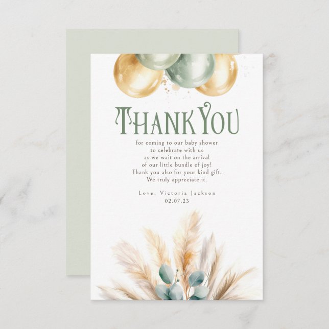 Carte De Remerciements Remerciement Petit Sage et Or pour Baby Shower (Devant / Derrière)
