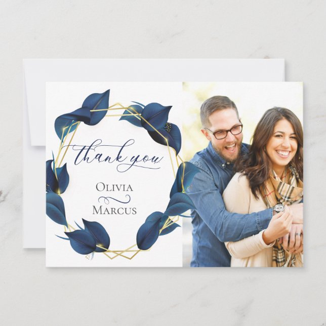 Carte De Remerciements Remerciement photo Moderne Bleu Indigo Foncé et Or (Devant)