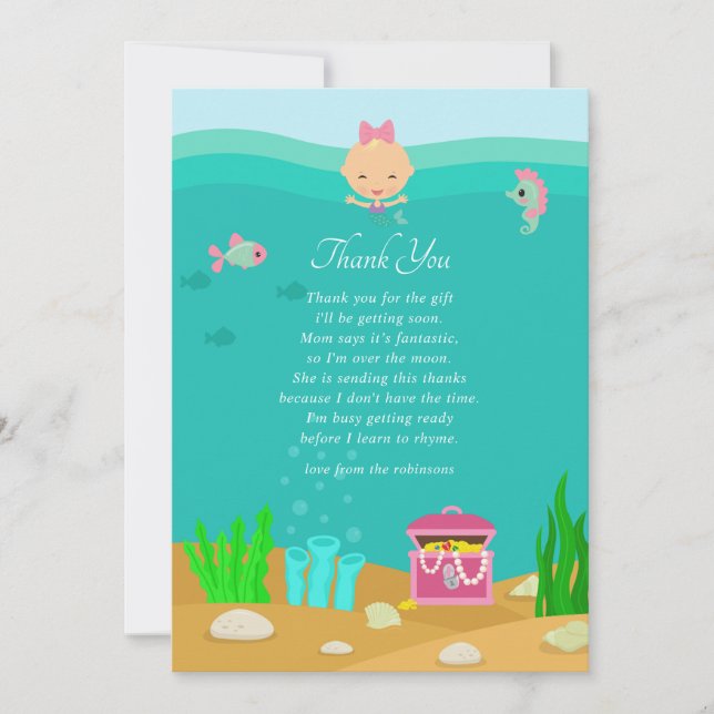 Carte De Remerciements Remerciement pour Baby Shower Mermaid Under the Se (Devant)