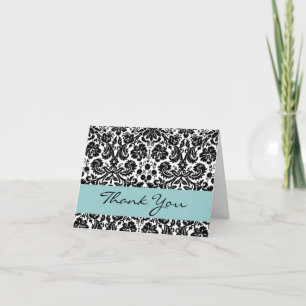 Carte De Remerciements Remerciement V212 en damas fleuri noir blanc aqua 