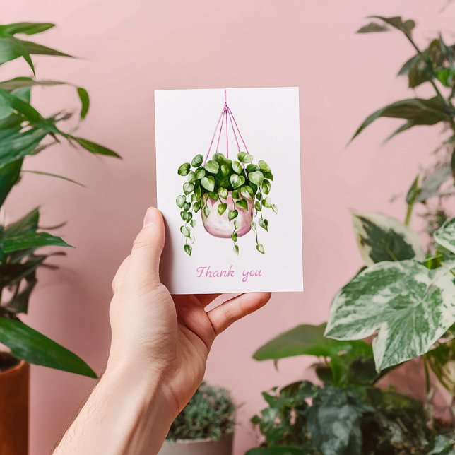 Carte De Remerciements Remerciements aquarelle de verdure de panier suspe (Hanging house plant, pink and green thank you card)