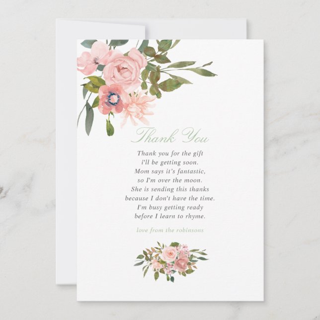 Carte De Remerciements Remerciements de Baby Shower Floral Blush et Sauge (Devant)