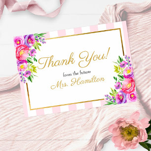 Carte De Remerciements Remerciements de douche de mariée Fleurs roses et