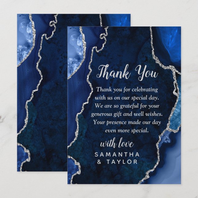Carte De Remerciements Remerciements de mariage avec un marbre Navy et Si (Devant / Derrière)