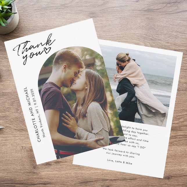 Carte De Remerciements Remerciements de mariage élégants avec 2 photos d' (Modern 2 Photos Elegant Arch Wedding Thank You)