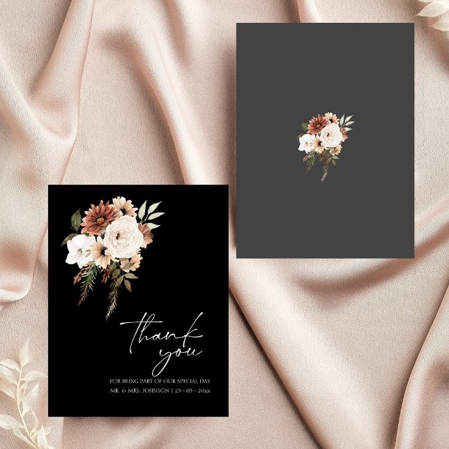 Carte De Remerciements Remerciements de mariage floraux noirs rustiques e (Rustic Black and Peach Floral Wedding Thank You)