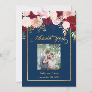 Carte De Remerciements Remerciements Photo Mariage Fleurs Marine Bourgogn