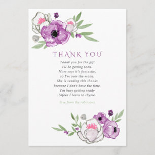 Carte De Remerciements Remerciements pour Baby Shower aux fleurs violette
