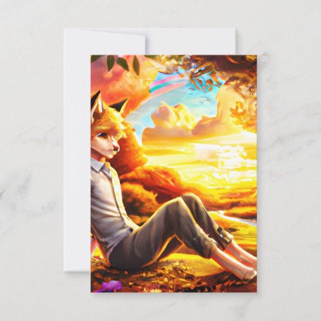 Carte De Remerciements Renard d'Anime Homme en paysage au coucher du sole (Devant)