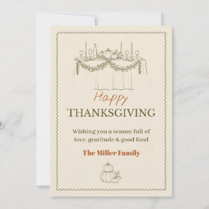 Carte De Remerciements Repas de Thanksgiving Olive Line Art Table de dîne