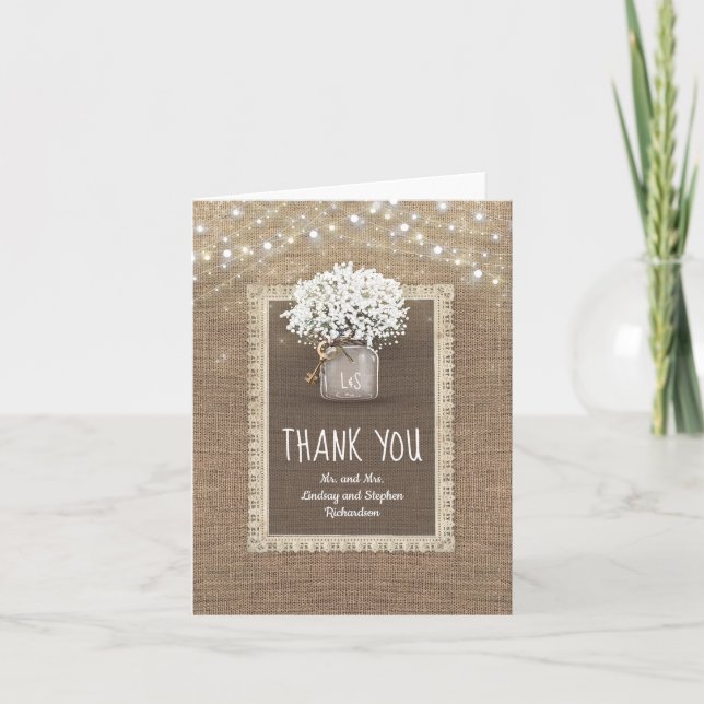 Carte De Remerciements Respiration de bébé Pot Mason Rustique Burlap Merc (Devant)