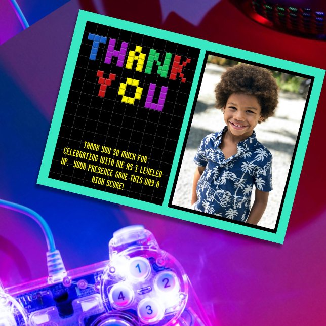 Carte De Remerciements Retro Arcade Game Photo Anniversaire (Retro Arcade Game Photo Birthday Party Thank You Card)