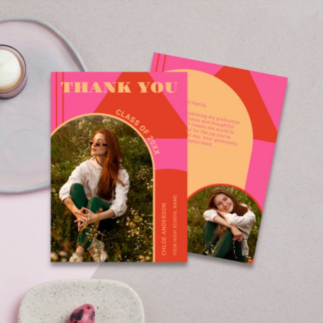 Carte De Remerciements Retro Arch Pink & Orange 2 Diplôme Photo (Créateur téléchargé)